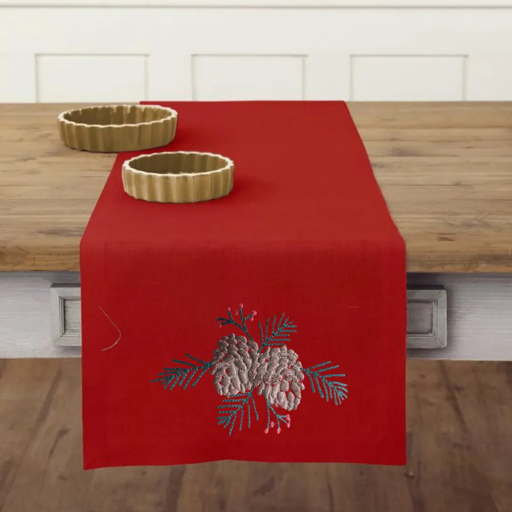 Acorn Motif Table Runner by ILISAH in red, featuring large acorn embroidery, perfect for holiday tables and festive decor.