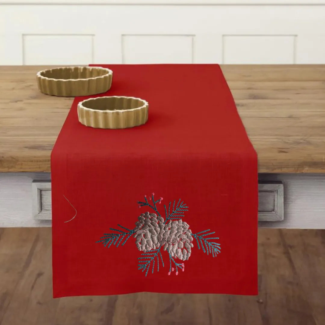 Acorn Motif Table Runner by ILISAH in red, featuring large acorn embroidery, perfect for holiday tables and festive decor.
