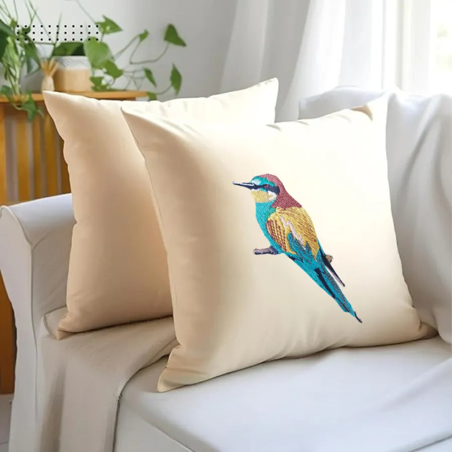 Handmade ILISAH Bee Eater Embroidery cushion covers in green, perfect for adding charm to your couch or bed.