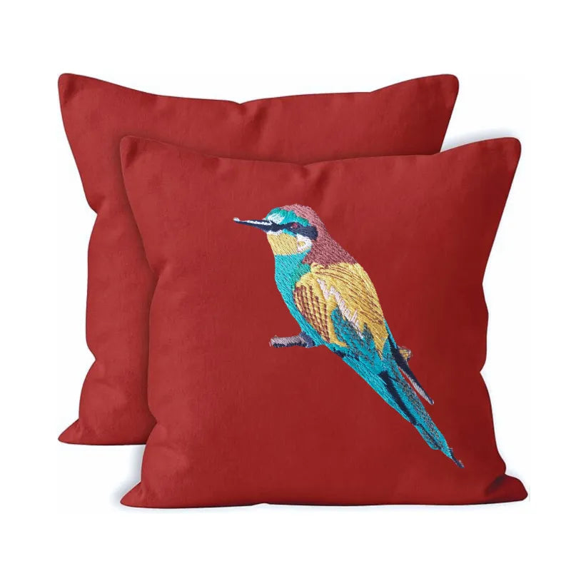 Handmade ILISAH Bee Eater Embroidery cushion covers in green, perfect for adding charm to your couch or bed.