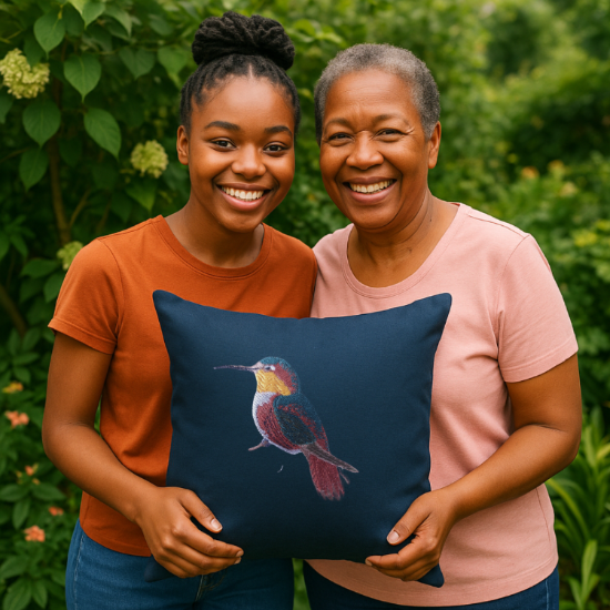 Two women holding a pillow with a hummingbird design in a garden setting.