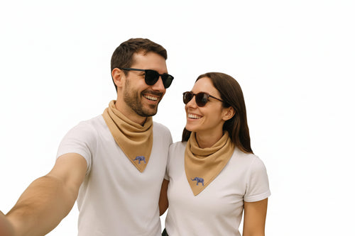 Brown Safari Bandana by ILISAH featuring animal embroidery, perfect for pets or home decor, available in Giraffe, Rhino, a...