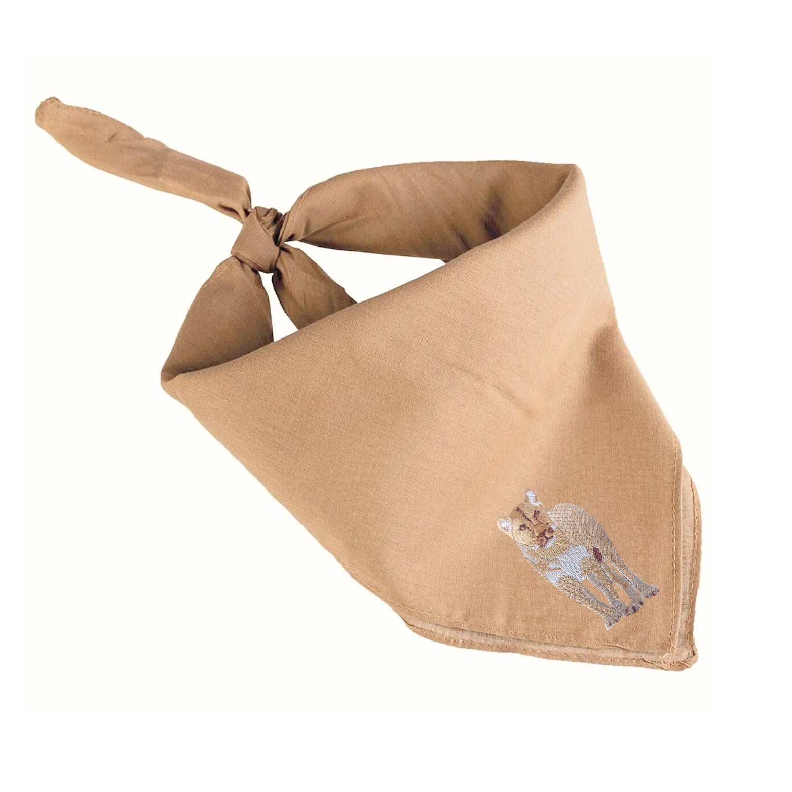 Brown Safari Bandana by ILISAH featuring animal embroidery, perfect for pets or home decor, available in Giraffe, Rhino, a...