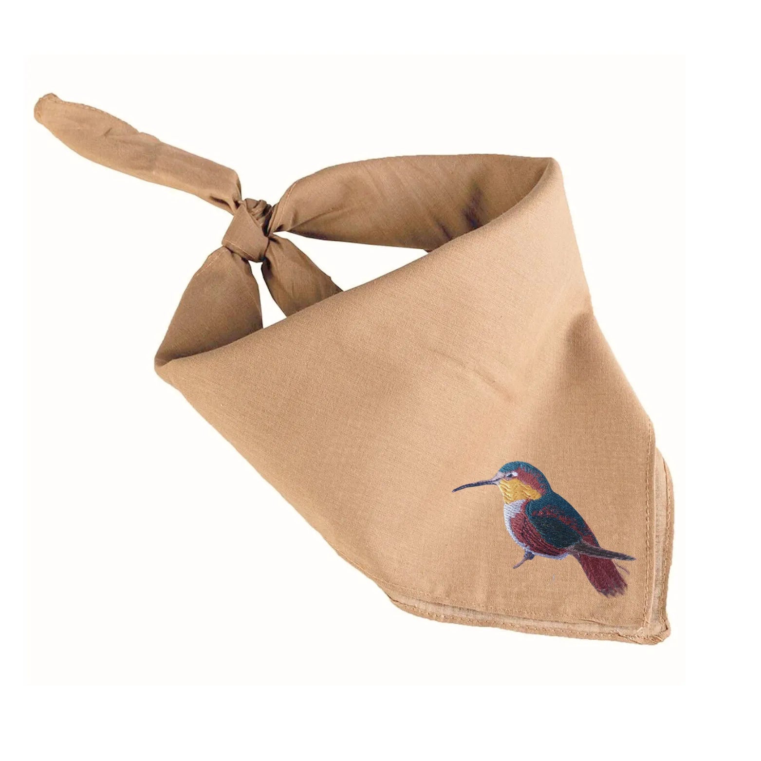 Brown Safari Bandana by ILISAH featuring bird embroidery, perfect for pets or home decor, available in flamingo, lilac-bre...