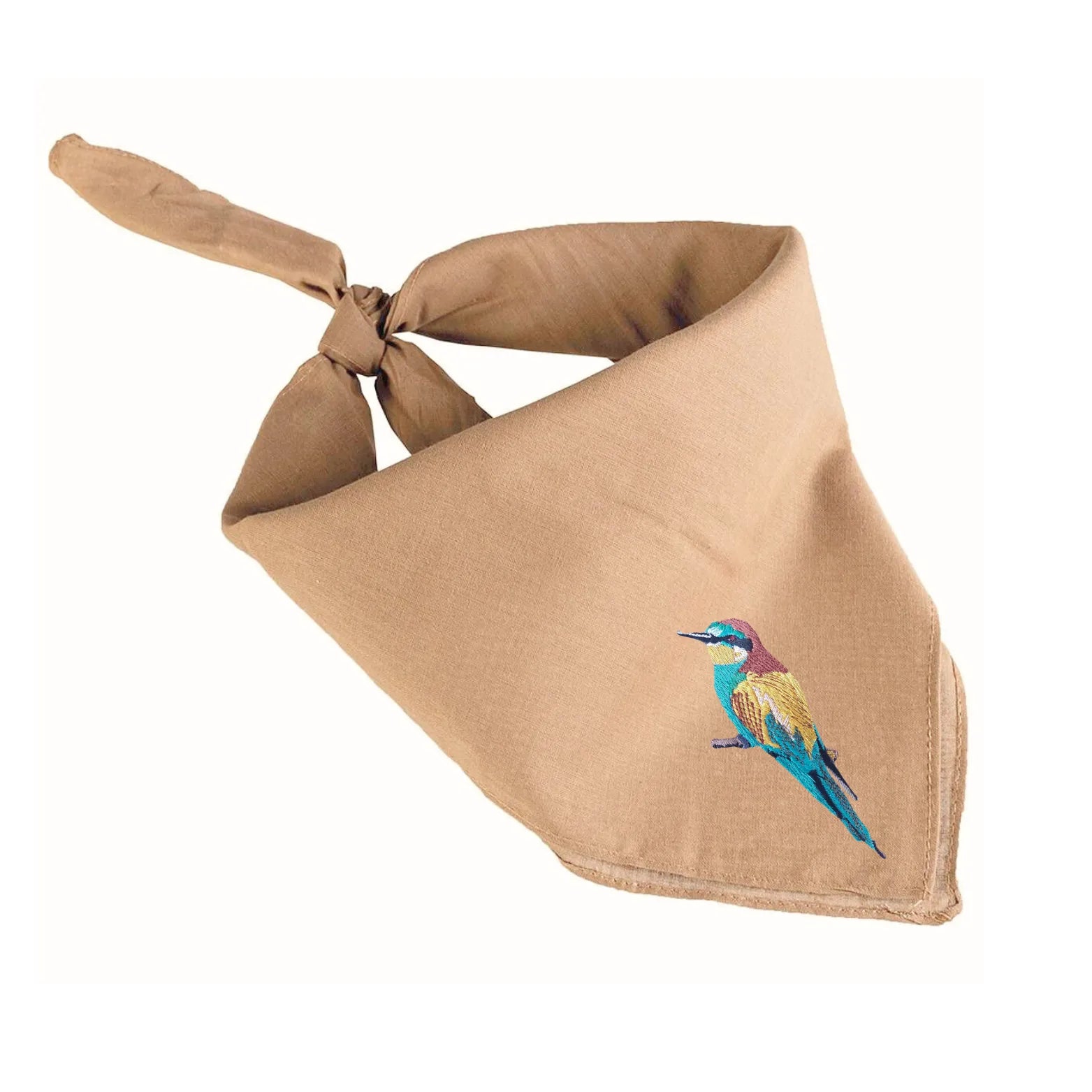 Brown Safari Bandana by ILISAH featuring bird embroidery, perfect for pets or home decor, available in flamingo, lilac-bre...