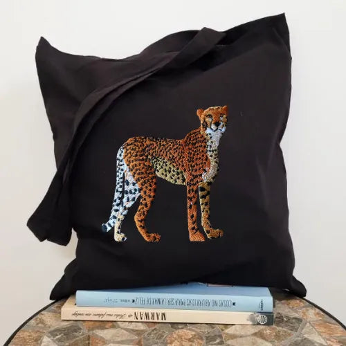 ILISAH Canvas Tote in Cheetah print, 100% cotton, perfect for everyday use, available in Navy Blue, Black, and Beige White.
