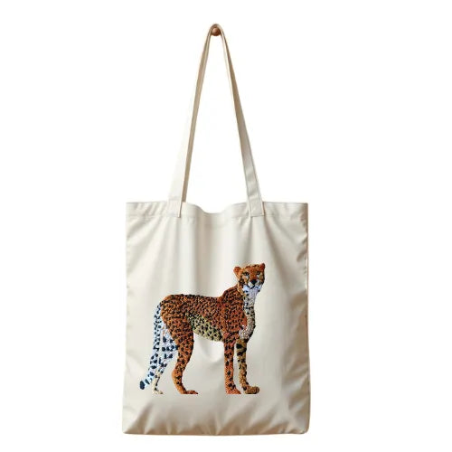 ILISAH Canvas Tote in Cheetah print, 100% cotton, perfect for everyday use, available in Navy Blue, Black, and Beige White.