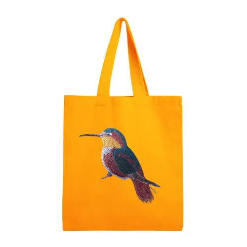 ILISAH Canvas Tote featuring a vibrant hummingbird design, available in black, burnt orange, and navy blue, perfect for ev...