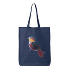 ILISAH Canvas Tote featuring a vibrant hummingbird design, available in black, burnt orange, and navy blue, perfect for ev...