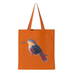 ILISAH Canvas Tote featuring a vibrant hummingbird design, available in black, burnt orange, and navy blue, perfect for ev...