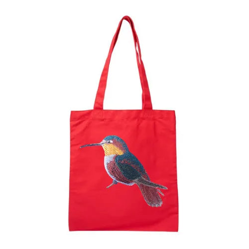ILISAH Canvas Tote featuring a vibrant hummingbird design, available in black, burnt orange, and navy blue, perfect for ev...