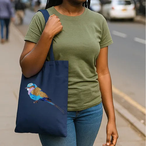 Lilac Breasted Roller Canvas Tote by ILISAH, 100% cotton, perfect for daily use, shown in navy blue variant.