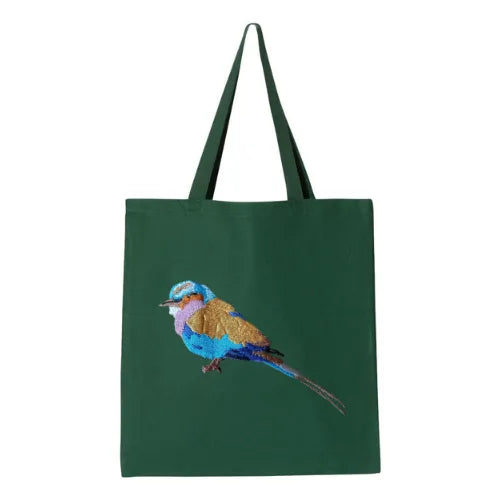 Lilac Breasted Roller Canvas Tote by ILISAH, 100% cotton, perfect for daily use, shown in navy blue variant.