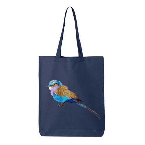 Lilac Breasted Roller Canvas Tote by ILISAH, 100% cotton, perfect for daily use, shown in navy blue variant.