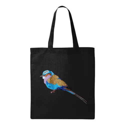 Lilac Breasted Roller Canvas Tote by ILISAH, 100% cotton, perfect for daily use, shown in navy blue variant.