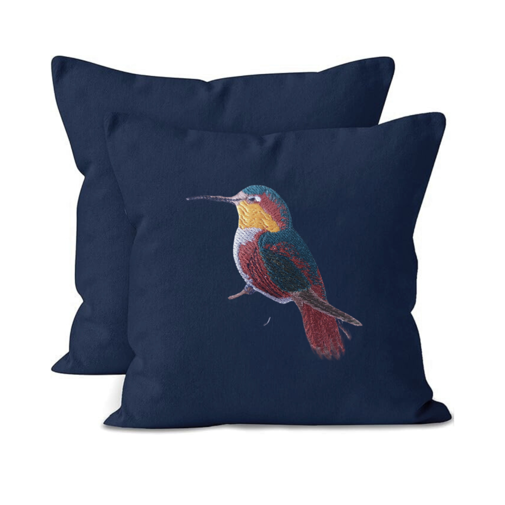 Navy blue cushion cover  with embroidered hummingbird design 