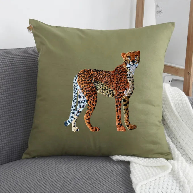 Handmade ILISAH cheetah embroidery cushion covers in beige and white, perfect for refreshing your chair or sofa.