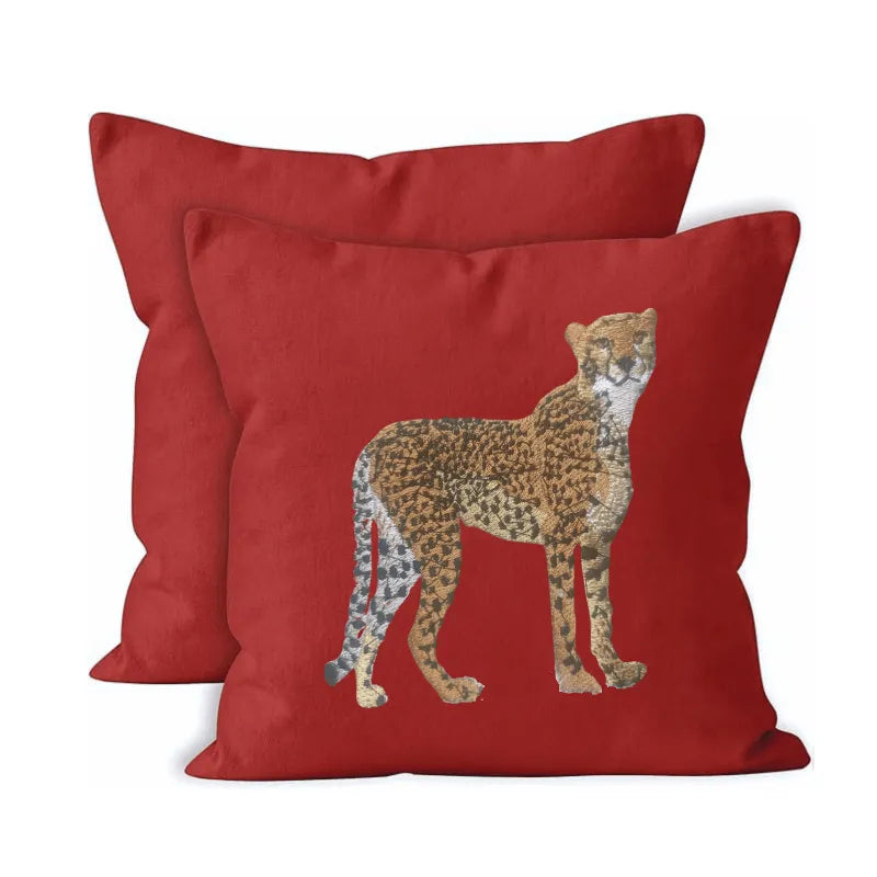 Handmade ILISAH cheetah embroidery cushion covers in beige and white, perfect for refreshing your chair or sofa.