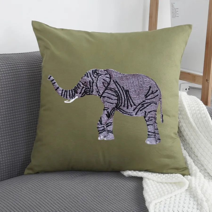 Handmade ILISAH elephant embroidery cushion covers in beige and white, perfect for chairs and sofas, adding charm to any s...