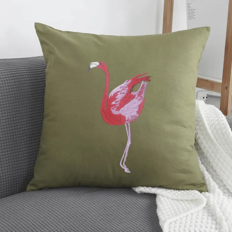 Flamingo embroidery cushion covers by ILISAH in green, beige white, and navy blue, perfect for refreshing your couch or bed.