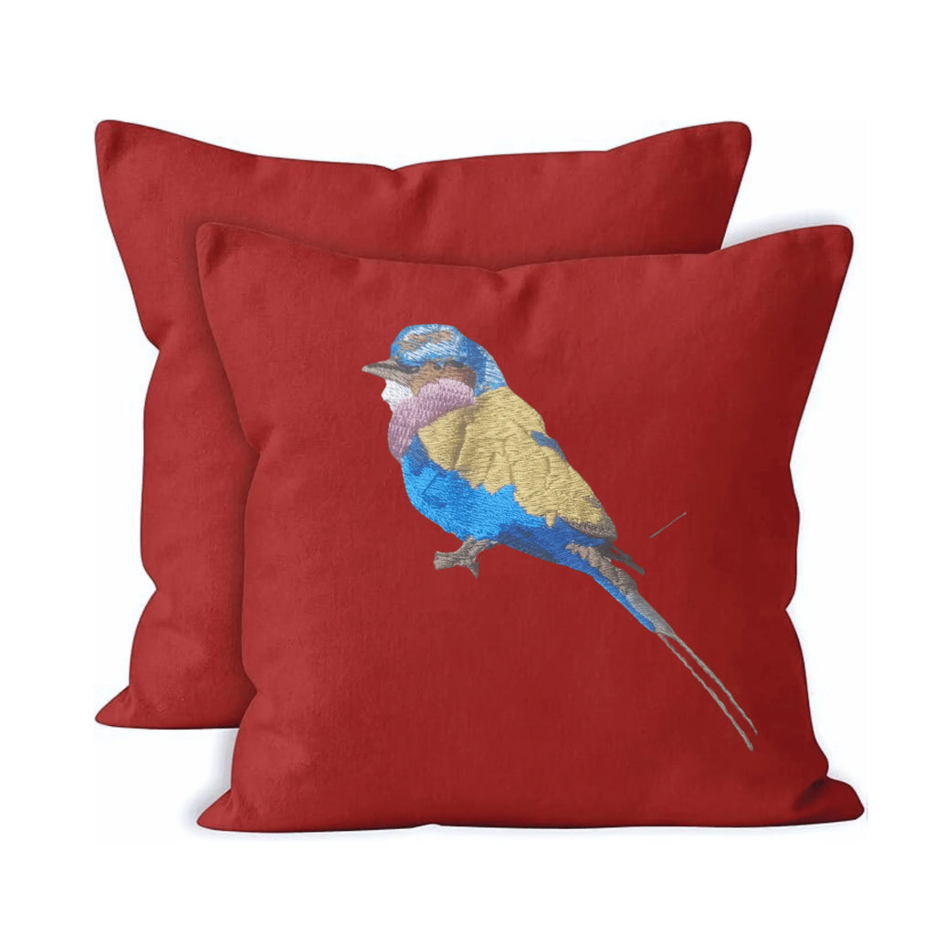 Handmade ILISAH lilac-breasted roller embroidered cushion cover in vibrant colors, perfect for refreshing your couch or bed.