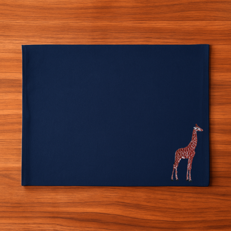 Navy blue table mat with a giraffe em,broidery design 