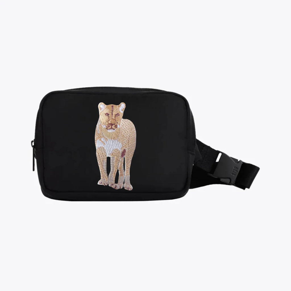 Everyday Belt Bag - Lion by Ilisah in black, a lightweight fanny pack ideal for adventures, handmade in Kenya.