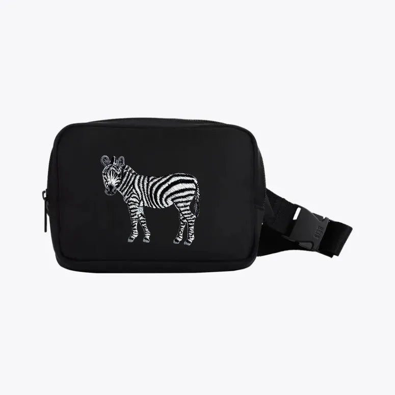Everyday Belt Bag in Zebra by Ilisah, a lightweight fanny pack perfect for adventures, available in red, black, and green.