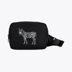 Everyday Belt Bag in Zebra by Ilisah, a lightweight fanny pack perfect for adventures, available in red, black, and green.