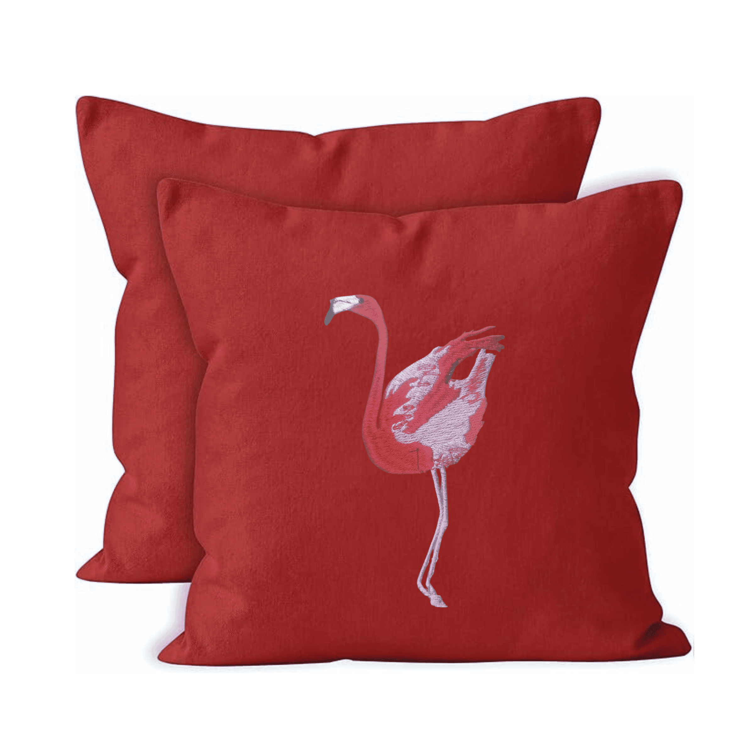 Red cushion cover with a flamingo design