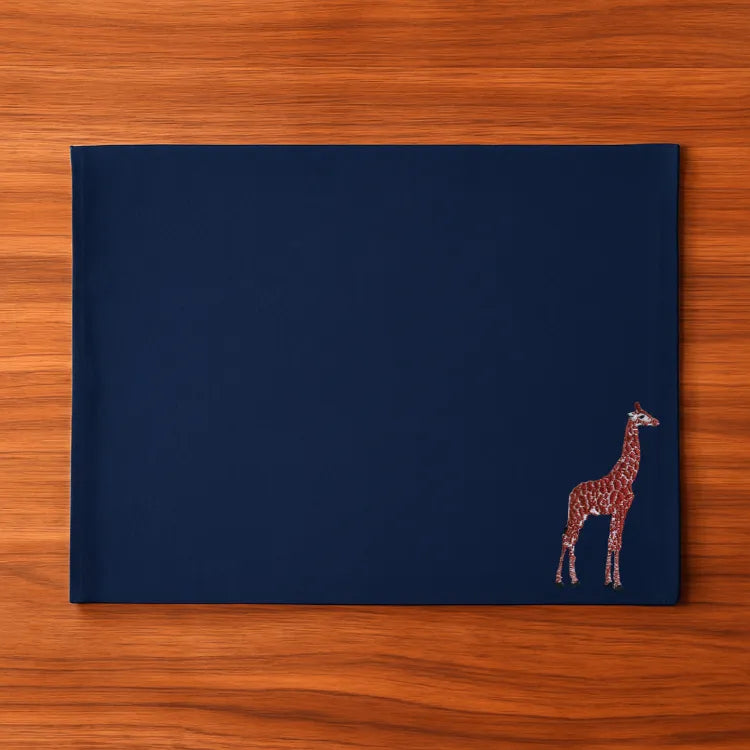 Handmade Ilisah Giraffe Embroidery table mats in beige white, set of 4, 100% cotton canvas, perfect for stylish dining.