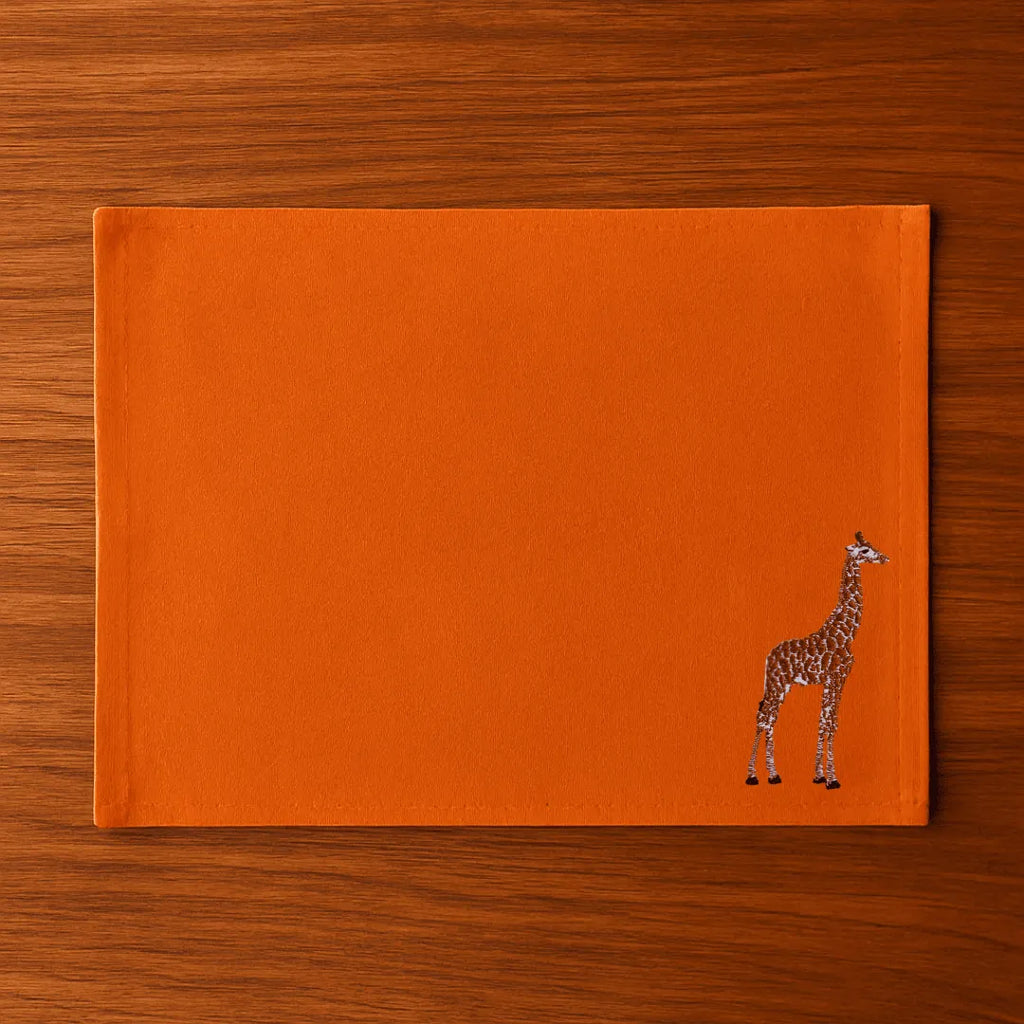 Handmade Ilisah Giraffe Embroidery table mats in beige white, set of 4, 100% cotton canvas, perfect for stylish dining.