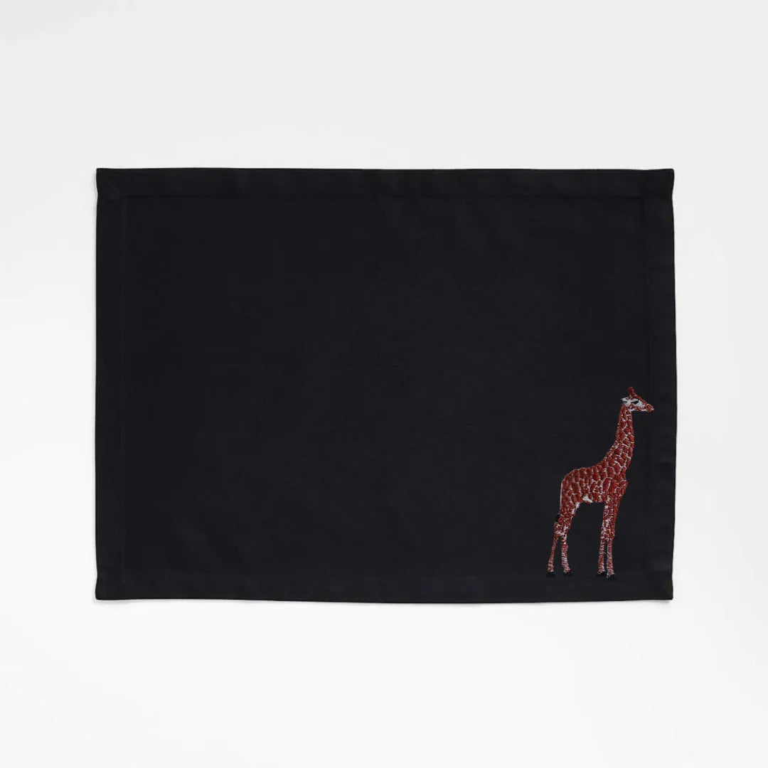 Handmade Ilisah Giraffe Embroidery table mats in beige white, set of 4, 100% cotton canvas, perfect for stylish dining.