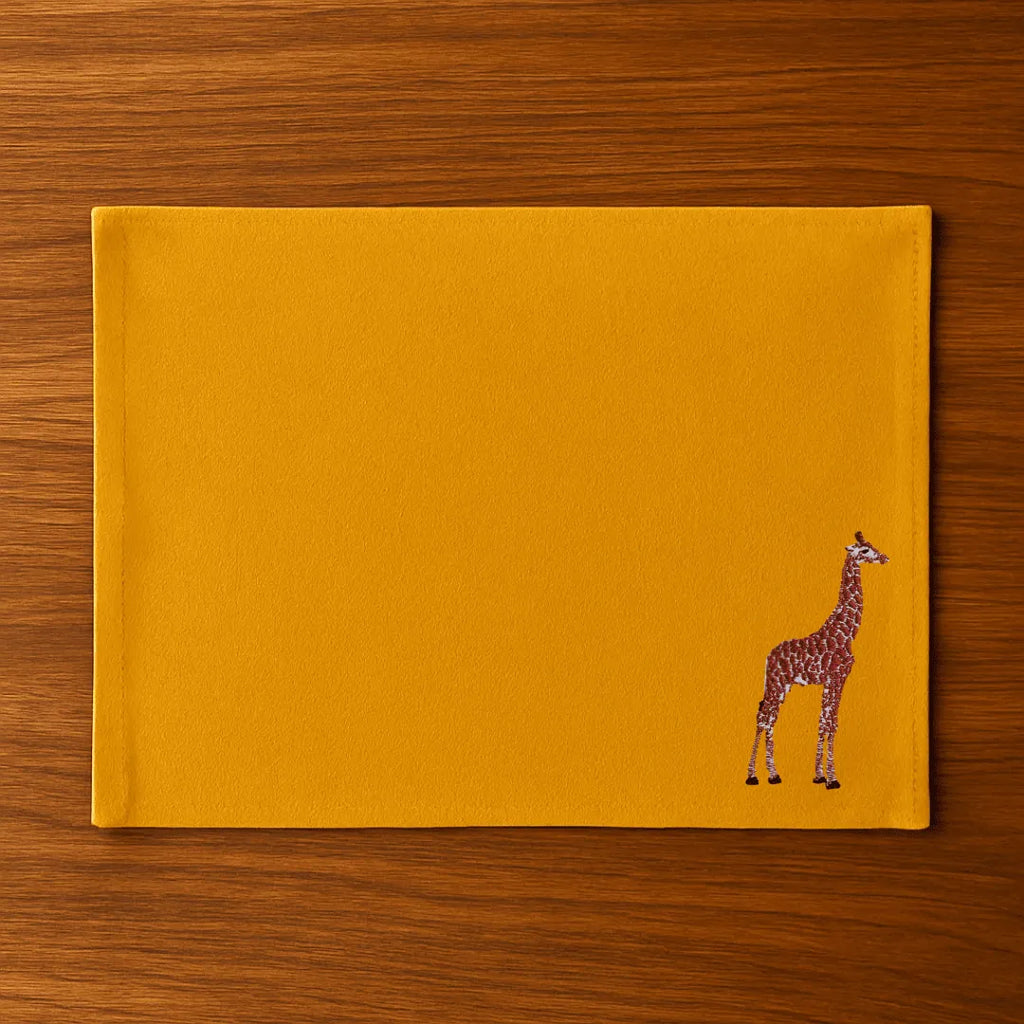 Handmade Ilisah Giraffe Embroidery table mats in beige white, set of 4, 100% cotton canvas, perfect for stylish dining.