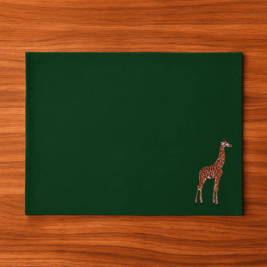 Handmade Ilisah Giraffe Embroidery table mats in beige white, set of 4, 100% cotton canvas, perfect for stylish dining.