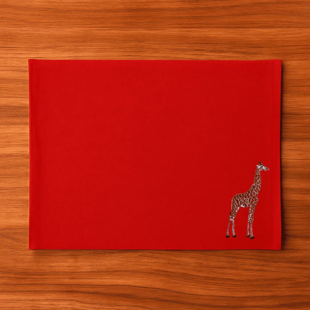 Handmade Ilisah Giraffe Embroidery table mats in beige white, set of 4, 100% cotton canvas, perfect for stylish dining.