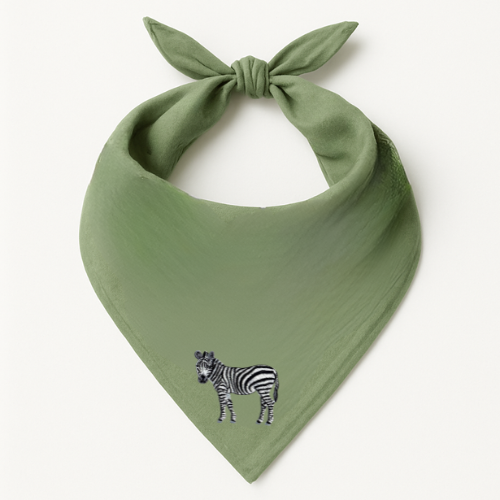 Green Safari Bandana by ILISAH featuring animal embroidery; available in Rhino, Elephant, and Giraffe variants, perfect fo...