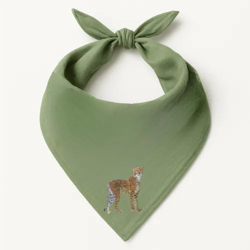 Green Safari Bandana by ILISAH featuring animal embroidery; available in Rhino, Elephant, and Giraffe variants, perfect fo...
