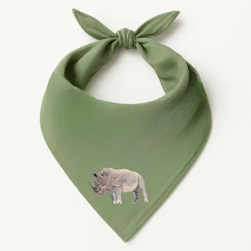 Green Safari Bandana by ILISAH featuring animal embroidery; available in Rhino, Elephant, and Giraffe variants, perfect fo...