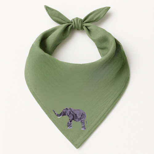 Green Safari Bandana by ILISAH featuring animal embroidery; available in Rhino, Elephant, and Giraffe variants, perfect fo...