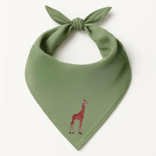 Green Safari Bandana by ILISAH featuring animal embroidery; available in Rhino, Elephant, and Giraffe variants, perfect fo...