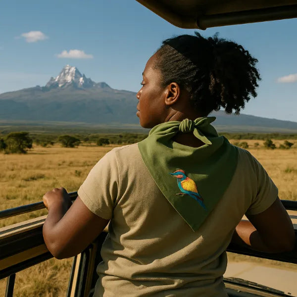 Green Safari Bandana by ILISAH featuring bird embroidery, perfect for gifting or as a stylish home accent.