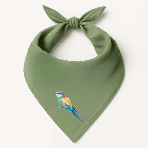Green Safari Bandana by ILISAH featuring bird embroidery, perfect for gifting or as a stylish home accent.