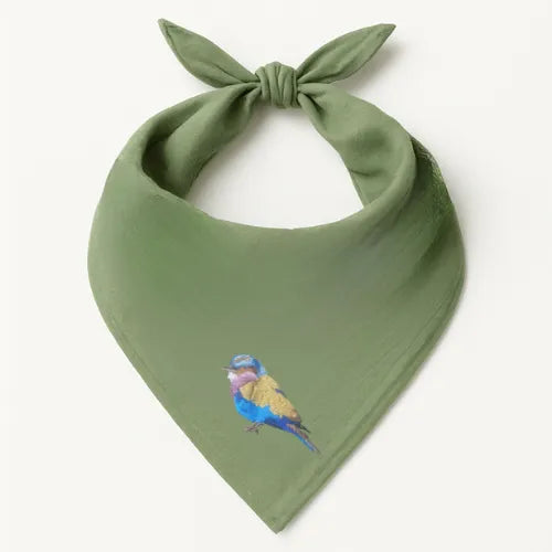 Green Safari Bandana by ILISAH featuring bird embroidery, perfect for gifting or as a stylish home accent.