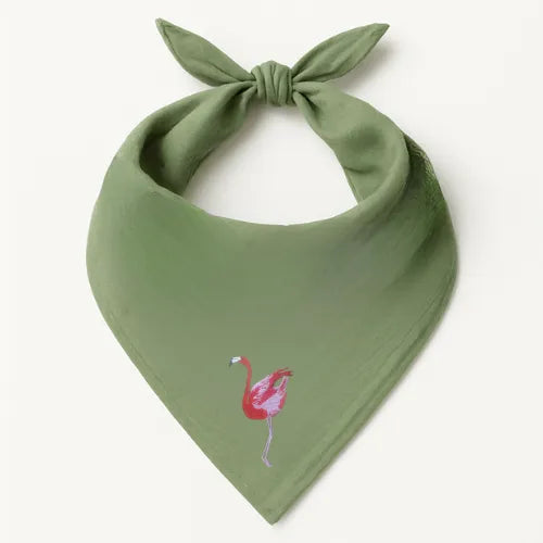 Green Safari Bandana by ILISAH featuring bird embroidery, perfect for gifting or as a stylish home accent.