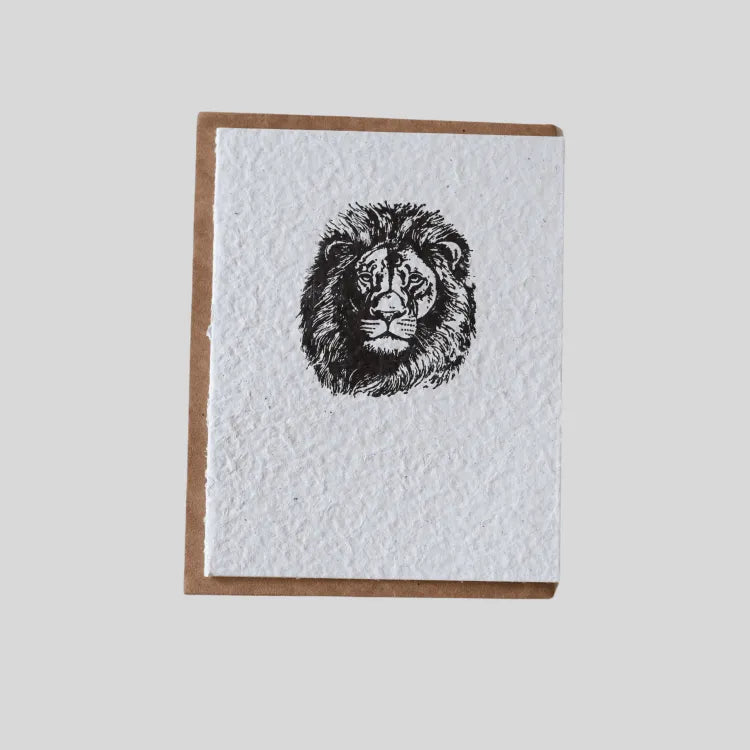 Handmade ILISAH Lion Greeting Card in earthy tones, eco-friendly, unique art from recycled water hyacinth, perfect for gif...