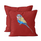 Red canvas cushion cover with embroidered bird design