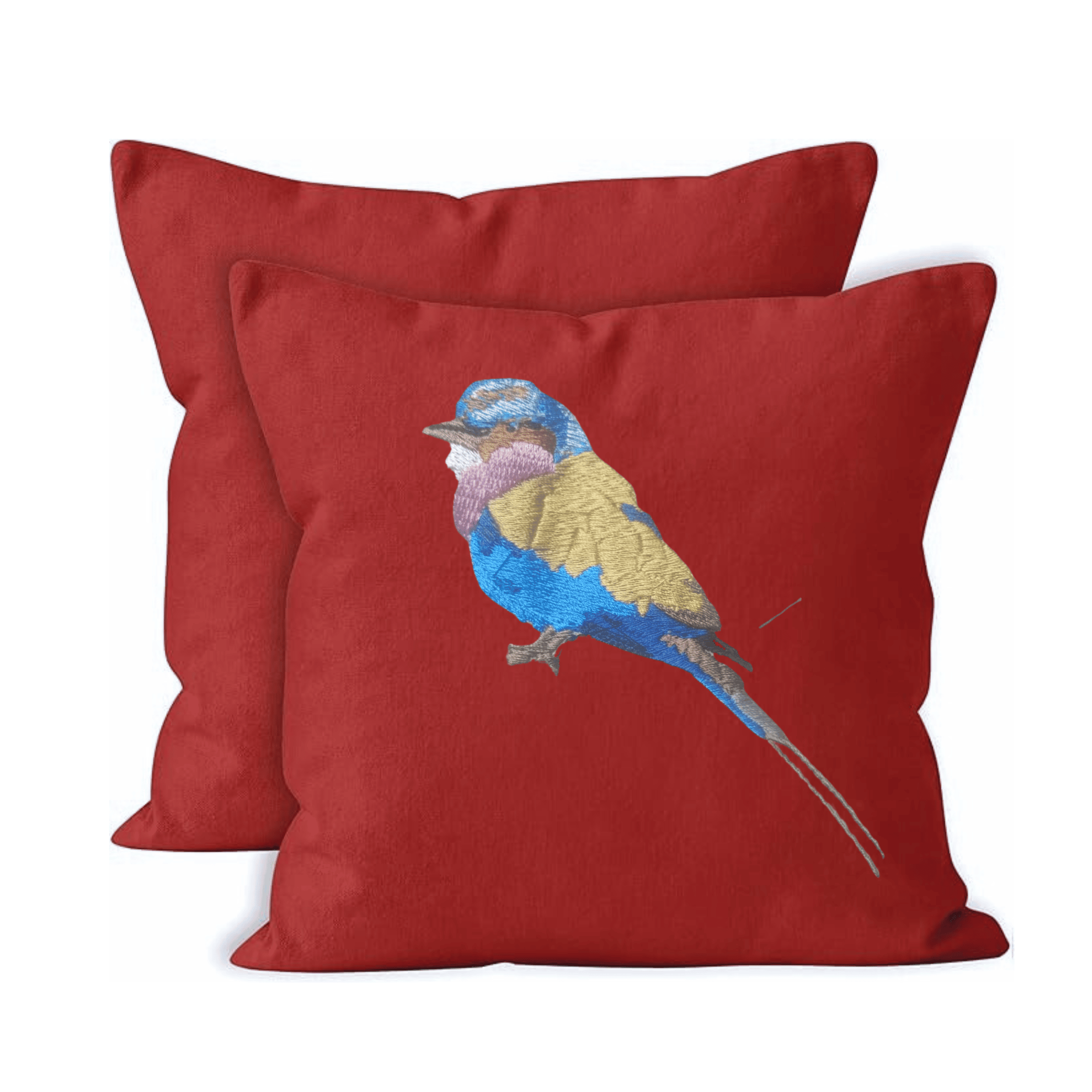Red canvas cushion cover with embroidered bird design