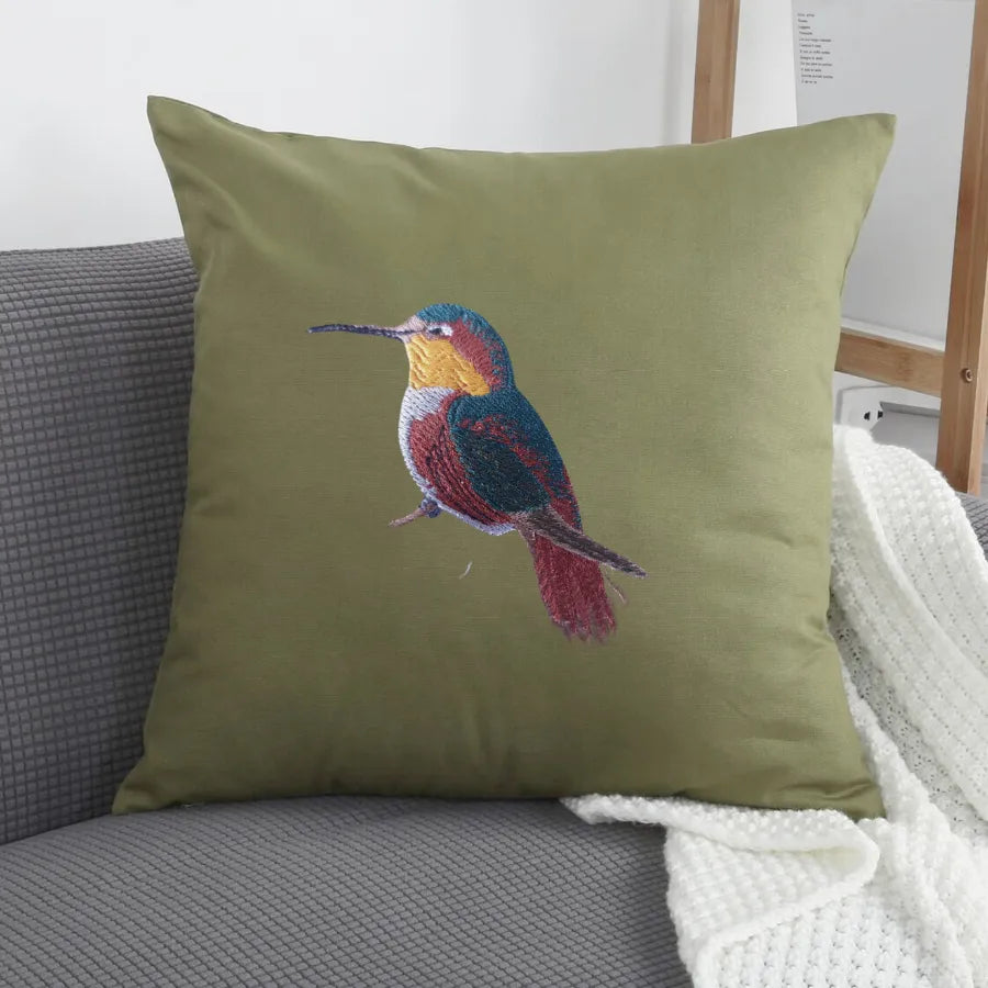 Humming Bird Embroidery cushion covers by ILISAH in green, perfect for adding charm to your couch or bed.