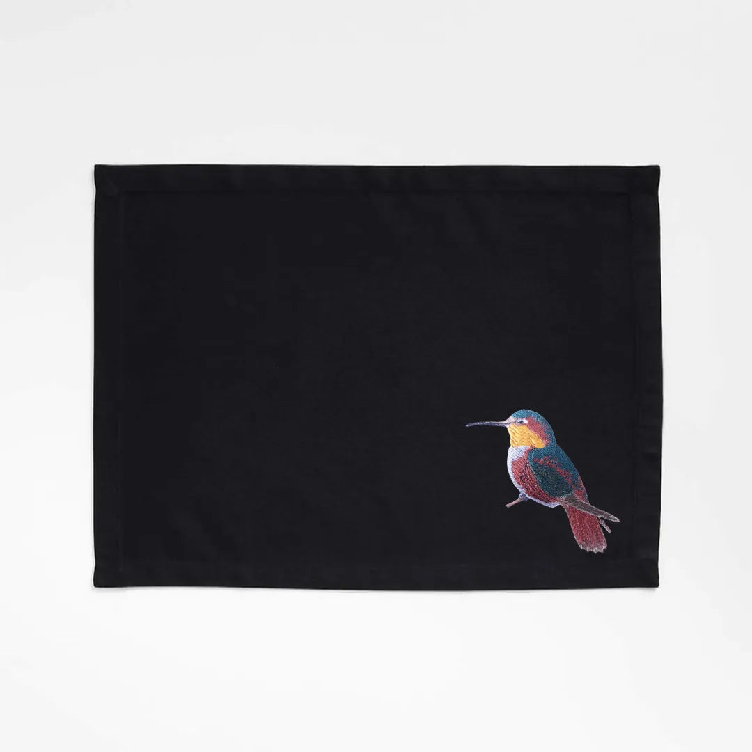 Handmade rectangular table mats with Humming Bird embroidery by Ilisah, available in mustard, burnt orange, and beige whit...